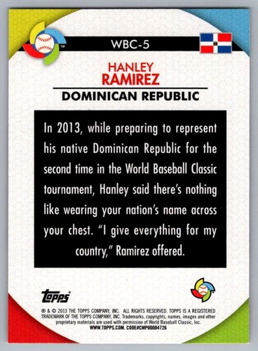 2013 Topps WBC Stars Hanley Ramirez Dominican Republic #WBC-5 - Picture 2 of 2