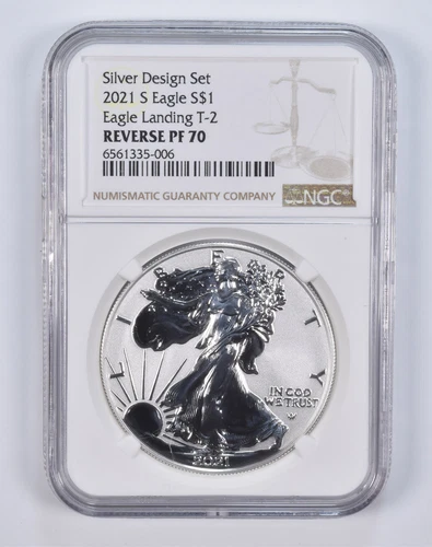 2021-S PF70 Reverse American Silver Eagle Design Set Landing T2 NGC