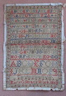 antique needlework sampler 1860 worked by Mary Geogh Sloan aged 13 30 x 42 cm