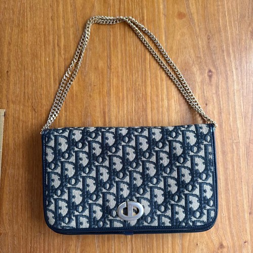 Christian Dior Monogram Bag Beige Navy Canvas Shoulder Dirty From Japan