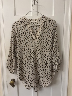 Lush Animal Print  V Neck Convertible Sleeve Semi Sheer Blouse Beige Black M