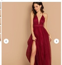 Fairy Grunge Boho Chic SHEIN Belle Plunging Neck Mesh-Overlay Dress Maroon S