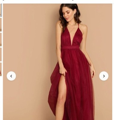Fairy Grunge Boho Chic SHEIN Belle Plunging Neck Mesh-Overlay Dress Maroon S