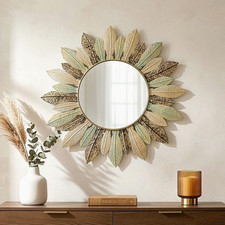 Solid Wood Framed Decorative Mirror, Rustic-Style Rising Sun Wall Mirror 40cm
