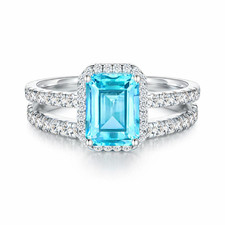 Emerald Cut Aquamarine Halo Ring 925 Sterling Silver Double Band Engagement Ring