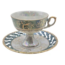 Vintage Unmarked Lusterware Footed Cup & Reticulated Saucer Green & White