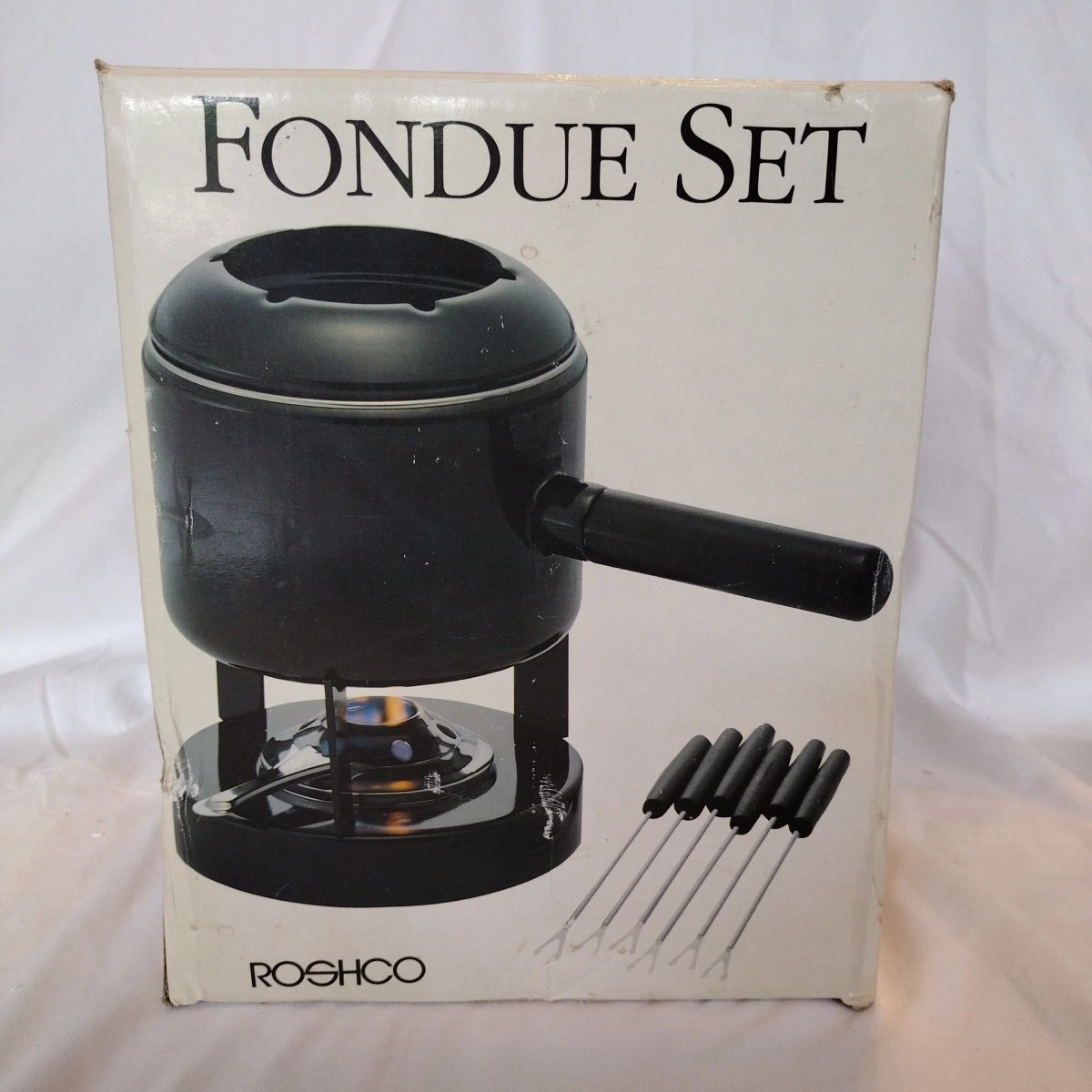 Roshco Fondue Set Black Porcelain Enamel On Steel Pot w/14 Forks Open Box NIB