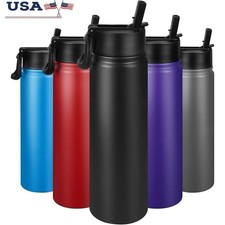 Insulated Stainless Steel Water Bottle Wide Mouth Leak-Proof Straw 24hr Cold New