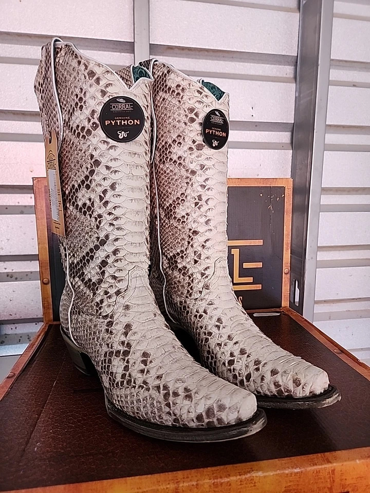Corral Bottes Western En Python Blanc Motif Serpent Femme Taille 10 Neuf - Photo 1/4