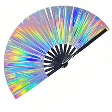 1Pcs Large Folding Hand Rave Fan,Clack Handheld Fan,Holographic Laser Colors Han