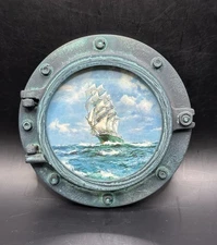 Vintage Resin Ship Picture Porthole Frame Seaway Productions Green Clipper 6"