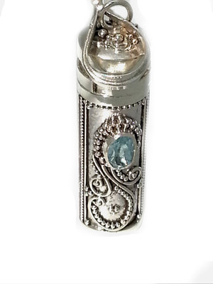 Neu Sterling Silber Zylinder Gebet Box Anhänger mit Blautopas 1 3/4 Zoll