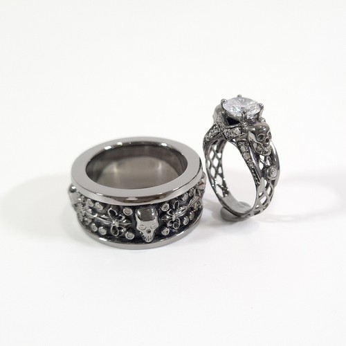 Simulated Diamond Skull Wedding Ring Band Fleur De Lis Mesh Couple Gun Metal Fn