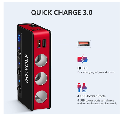 OOWOLF Quick Charge 3.0 Cigarette Lighter Adapter,180W 12V/24V 3-Socket DC  Power