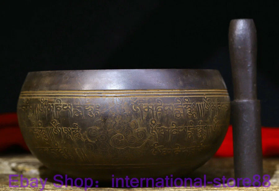 Tazón de tierra sánscrito de 6,4" raro antiguo tibetano cobre budismo escritura golpe Foto 2 de 4