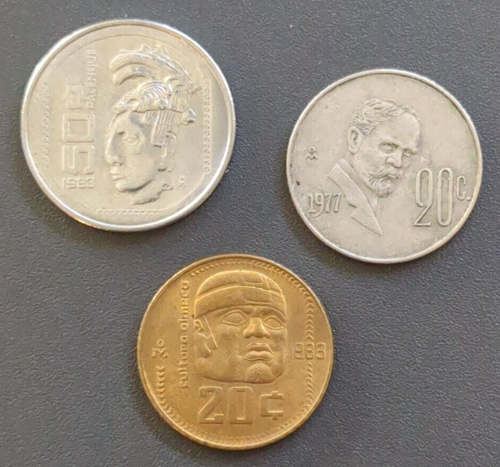 3 Mexico Centavo Coins, 50¢ Palenque 1983, 20¢ Madero 1977, 20¢ Olmec 1983