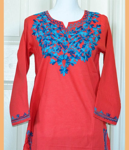 ¡Túnica Top Kurti Kurti Bordada Color Rojo Largo Algodón de la India!¡! - Imagen 5 de 5