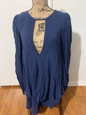 free people XS Beck Mini Dress Navy Blue Long Sleeves Made In USA NWOT