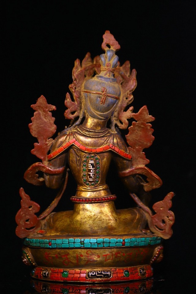 13" Old Tibet Copper 24 K Gold Gilt Turquoise Green Tara Guanyin Buddha