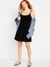 Old Navy Fit & Flare Cami Mini Dress Womens S Tall Black Linen Blend Smocked NEW