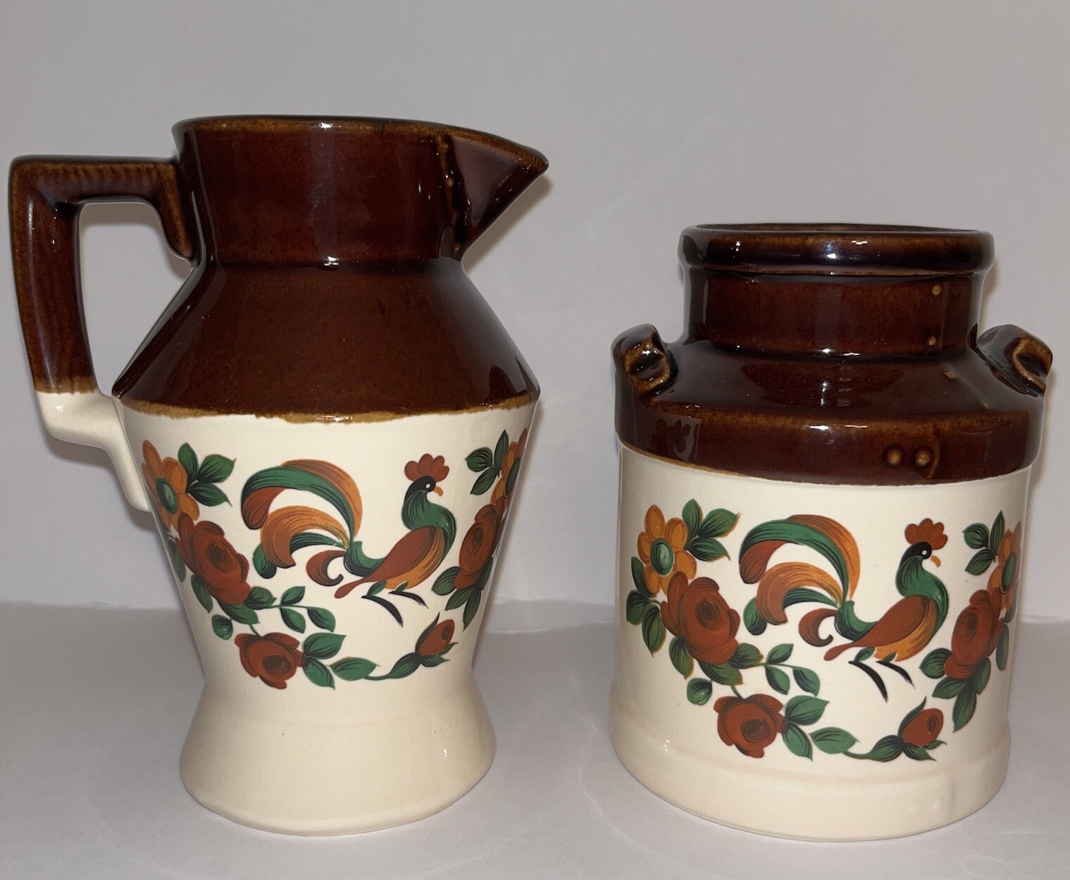 McCoy Pottery Yorkville Rooster USA Brown & Cream Matching Pitcher and Canister