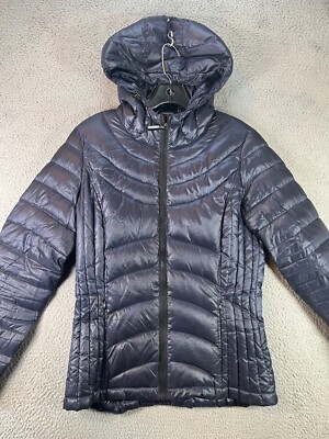 Andrew Marc Down Packable Jacket Women Small Blue Quilted Hooded Full Zip Puffer