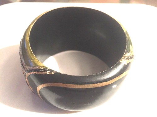 BRACELET BANGLE VINTAGE DECOR PEINT A LA MAIN VERT ET NOIR CREATEUR ARTISTE ? - Picture 3 of 5