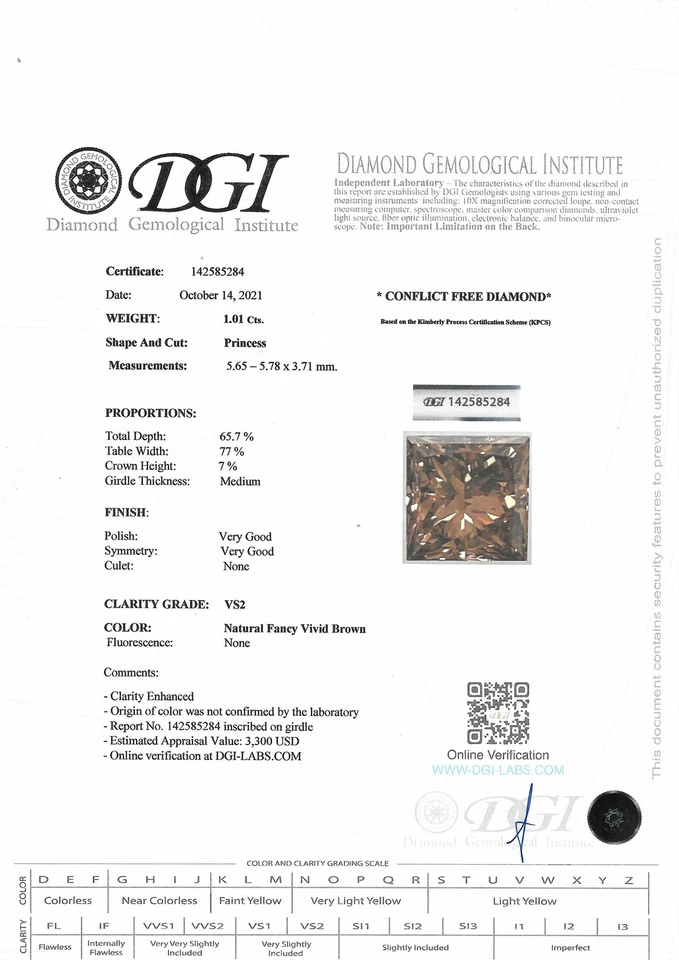 Loose Princess Shape Diamond Fancy Brown Color 1.01 Carat VS2 Certified Enhanced - Image 3 of 4