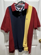 Tommy Hilfiger Mens L Striped Polo Flag Shirt Colorblock panels Vtg Y2K Preppy