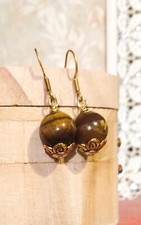 Beautiful 12mm Tiger's Eye Dangle Earrings - Gift For Her - Raw Brass Ear Hooks
