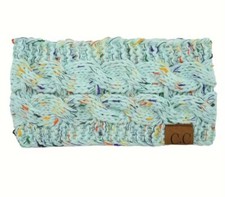 Women s Plush Knit Headband With Faux Fur, Ear Warmer Blue With Colored Threads