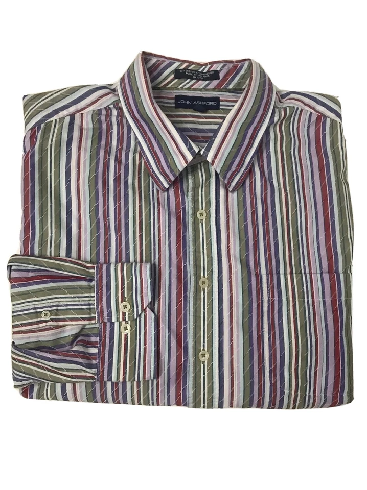 JOHN ASHFORD кнопка спереди платье рубашка Sz 2XL штрих-код в полоску разноцветный хлопок - Изображение 2 из 4