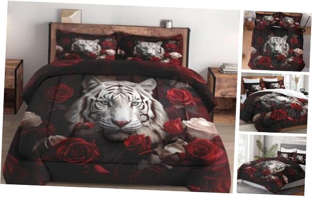 Comforter Set Size with 2 Pillowcases, White Tiger Wild Animal 3 Queen Multi 6