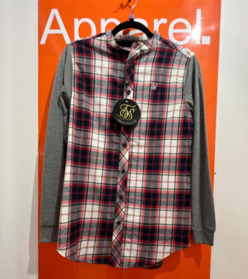 Sik Silk Long Sleeve Flannel Check Grandad Shirt, Red/Grey, Size