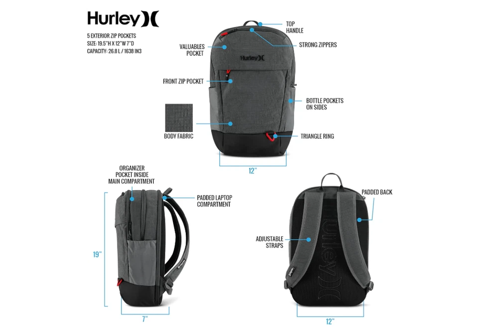 Mochila Hurley Para Hombres Clásica Pico Viaje Escolar Negra Talla Única 9A7390-023 Foto 4 de 4