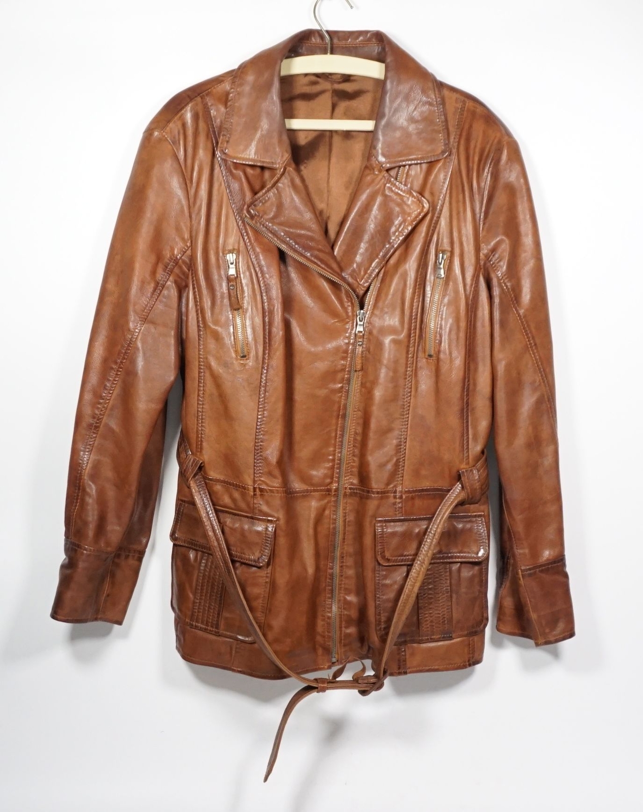 True Vintage 70er Años Real Mujer Chaqueta Abrigo con Cinturón Braun Talla 48