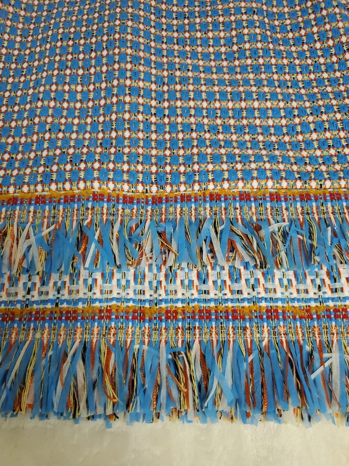 Saia lápis PER SE feminina tamanho EUA 2 franja de tweed boho azul branco  - Imagem 2 de 4