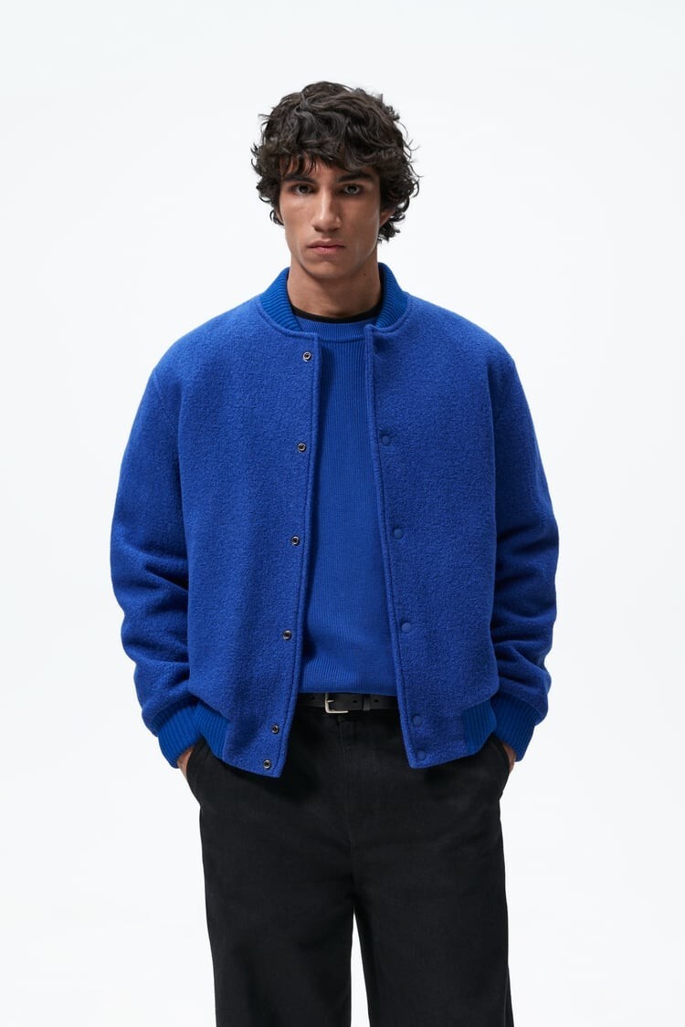 New Zara 100% Wool Varsity Bomber Jacket Blue S 6564/182 New Zara 100% Wool Varsity Bomber Jacket Blue S 6564/182