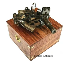 Antique Brass Pocket Sextant Navigation Nautical Marine Vintage Wooden Box
