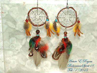 Arturo E.Reyna DREAM CATCHER TRIBAL TURQUOISE CORAL EXOTIC FEATHERS EARRINGS