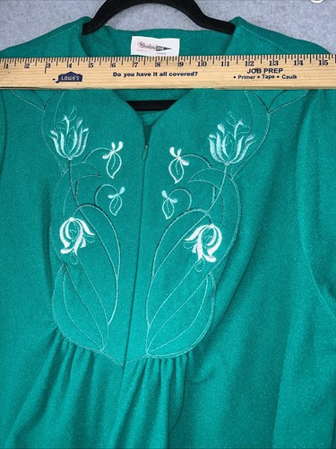 VTG Nightgown Shadowline Fleece Zip Top Emerald Green Floral Embroidered Size L - Picture 15 of 17