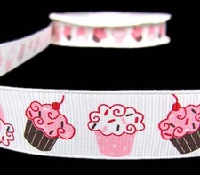 10 Yards Strawberry Vanilla Pink White Sprinkle Cupcakes Grosgrain Ribbon 7/8"W