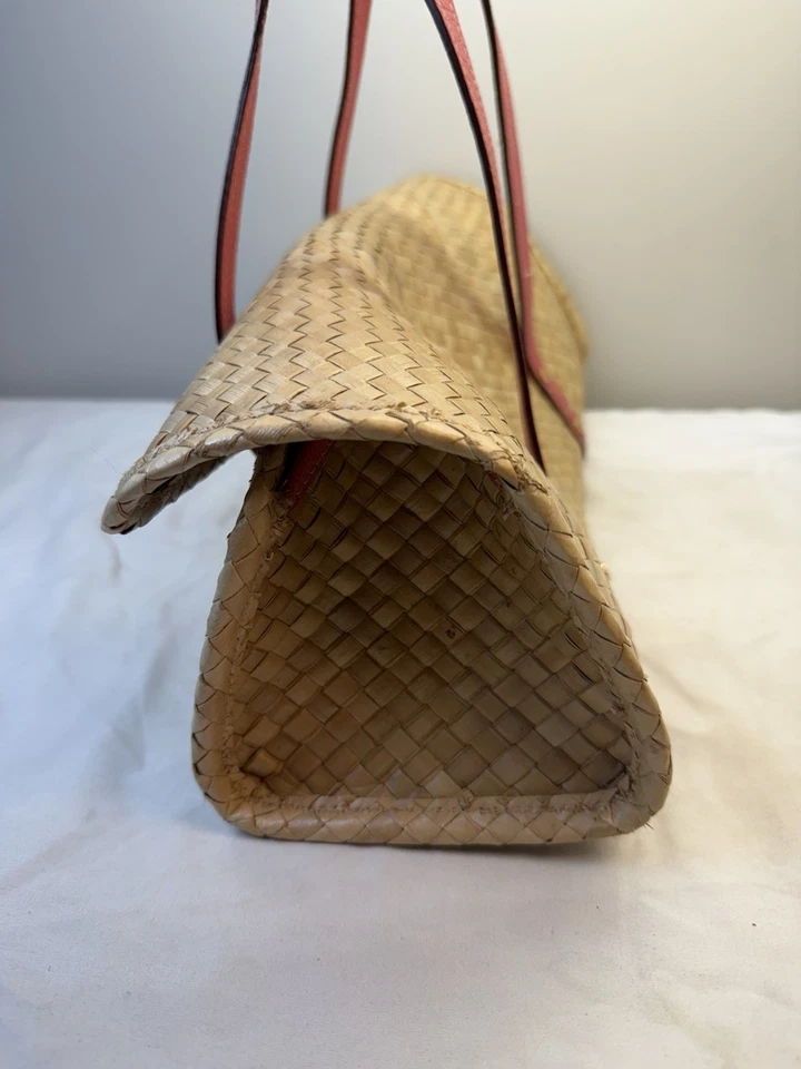 Bolso de hombro Kate Spade Wine Picnic Basket paja mimbre ratán rosa ribete monedero Foto 3 de 4