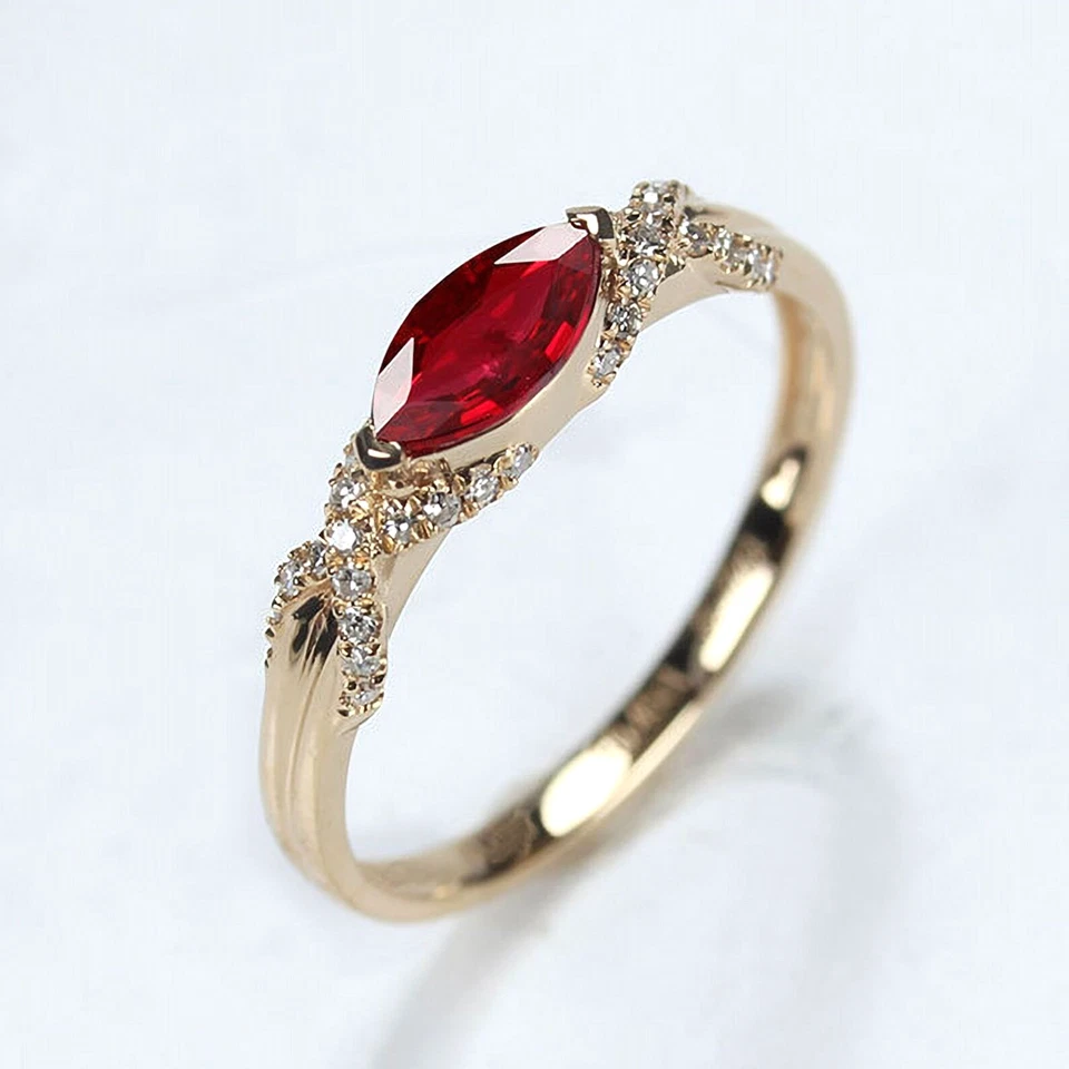 Lab Grown Marquise Cut Ruby & Diamond Engagement Ring 10k Gold Ring For Her - Image 3 of 4