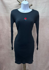 Wild Fable Black Knit Ribbed Bodycon Dress w/Embroidered Red Rose Size M