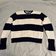 Polo Ralph Lauren Sweater Mens XL Blue White Striped Cotton Logo Cable Knit