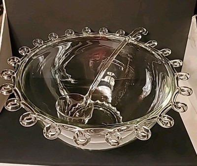 Vintage Large HEISEY Elegant Glass LARIAT Punch Bowl & Glass LADEL Loop Rim Edge