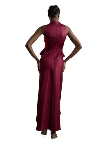 Vestido Karen Millen a medida Color Bloque Volantes Midaxi Vestido Rojo Merlot Reino Unido 12 - Imagen 2 de 5