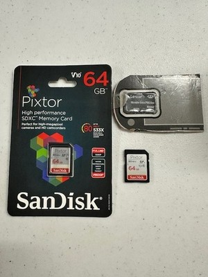 2 Sandisk Pixtor 64GB SDXC Class 10 Camera Memory Cards + Lexar 4GB Memory Stick