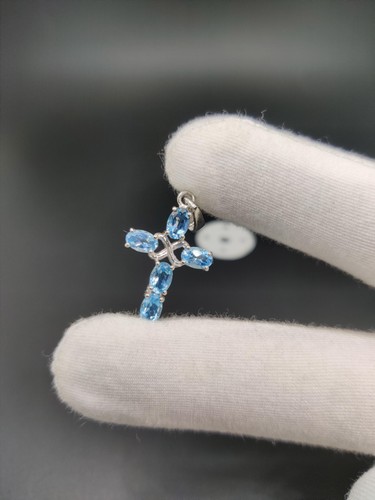 Art Deco Swiss Blue Topaz Sterling Silver Cross Pendant - December Birthstone